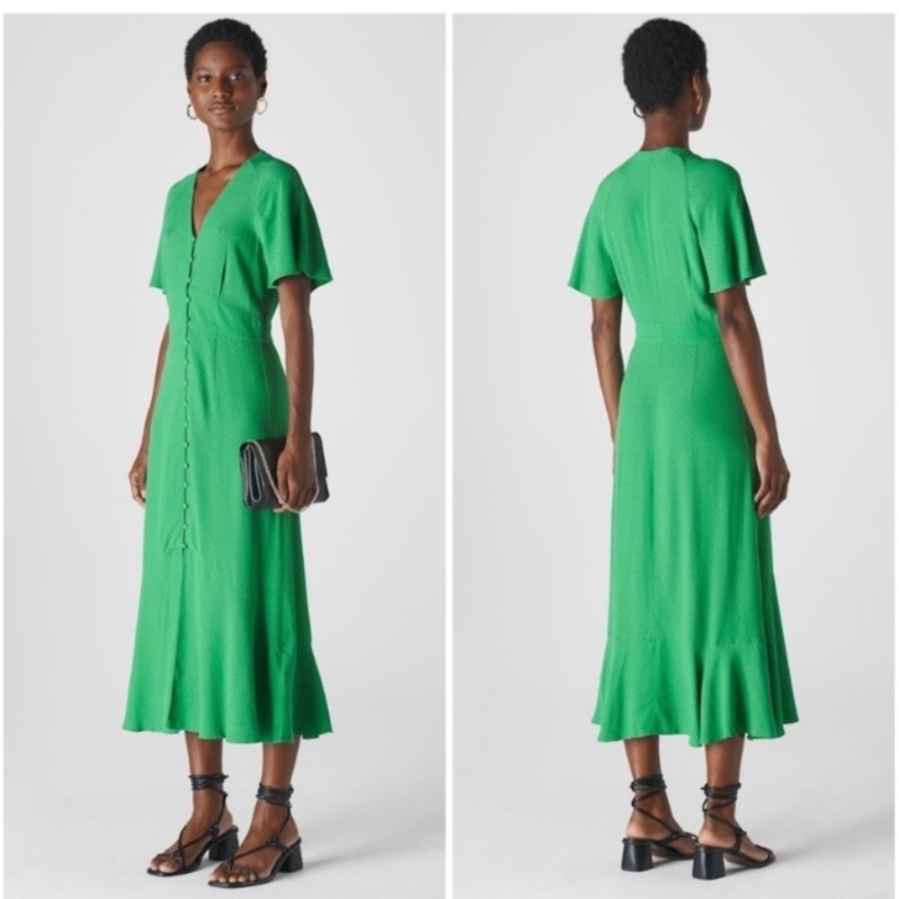 Whistles Kelly Green Micro Spot Polka Dot Modest Midi Dress Size 2 - Picture 2 of 12